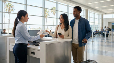 Rows of cars at the LAX car rental center under a sunny Los Angeles sky