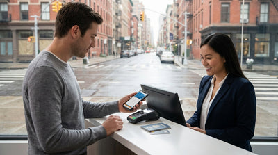 A modern car hire driving through the bright, busy streets of New York City at night