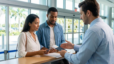 A woman hands car keys to a man by their red convertible car hire on a sunny street in Miami