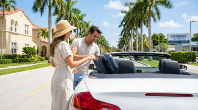 A line of cars ready for car rental at Miami International Airport on a bright, sunny day