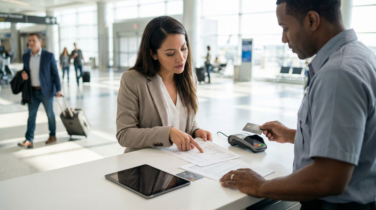 A person at a car hire counter in Orlando discussing the rental agreement with an agent
