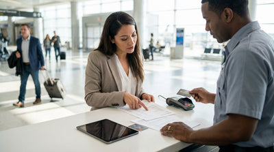 A person at a car hire counter in Orlando discussing the rental agreement with an agent
