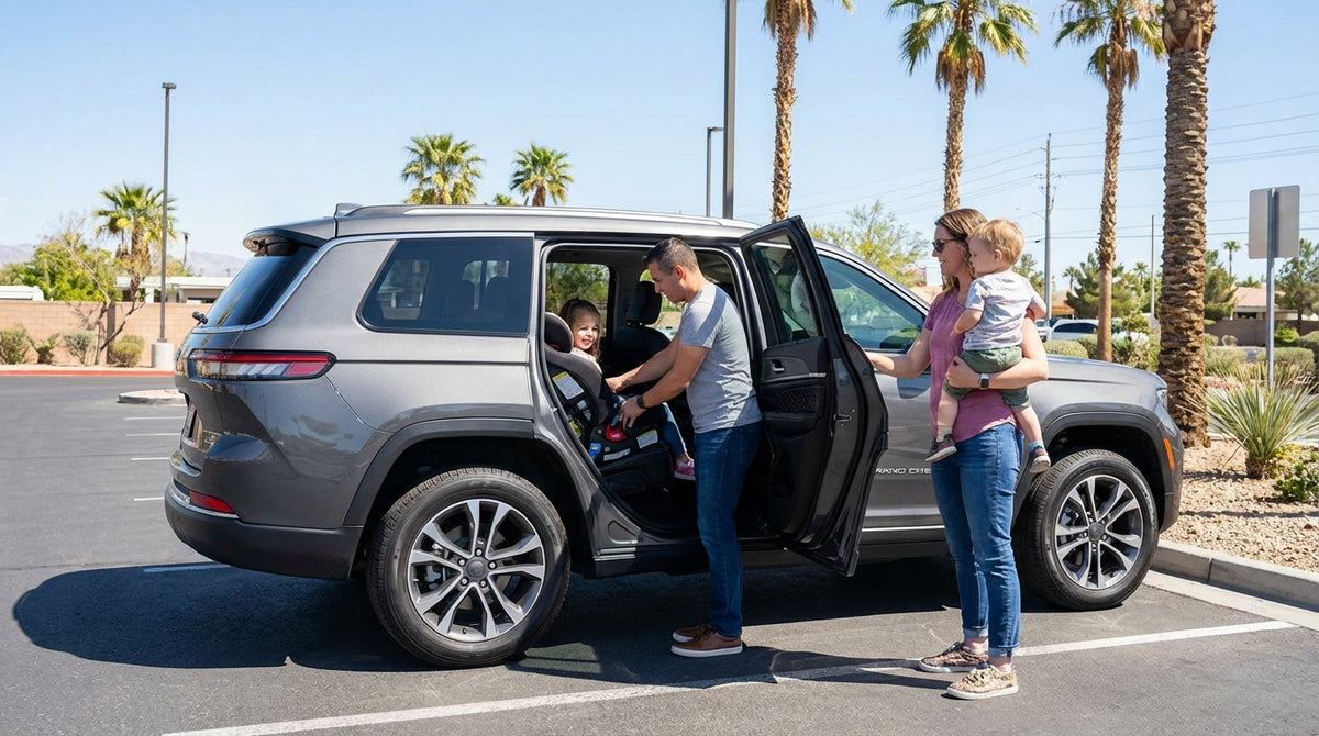 A family car hire driving on a scenic highway through red rock desert canyons near Las Vegas