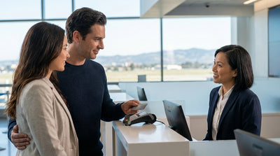 A red convertible for car hire driving across the Golden Gate Bridge in San Francisco on a sunny day