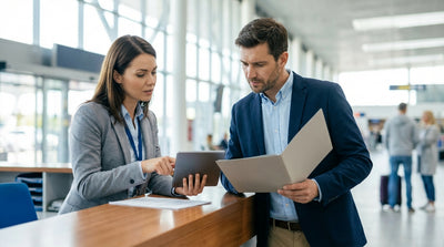 Red convertible car hire driving on a desert highway in the United States at sunset