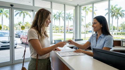 A modern car rental drives down a scenic highway lined with palm trees in sunny Florida