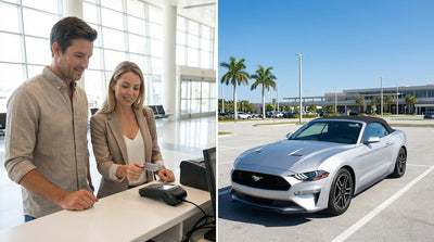 A smiling woman accepts the keys for her car hire from an agent at a desk in the United Estates