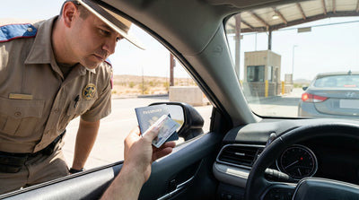 A car hire vehicle approaches a U.S. Border Patrol checkpoint on a highway in the Texas desert