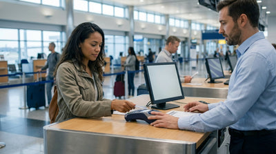 A traveler hands a credit card to an agent over the counter at a car hire desk in Florida