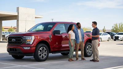 A sedan car rental on an open highway driving through the vast desert landscape of West Texas at sunset