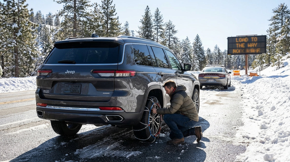 A person drives their Los Angeles car hire up a winding, snow-covered mountain road in winter