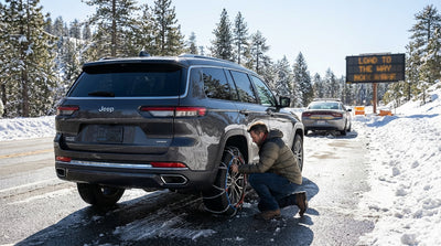 A person drives their Los Angeles car hire up a winding, snow-covered mountain road in winter