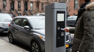 A person using a parking pay station next to their car rental on a busy street in New York City