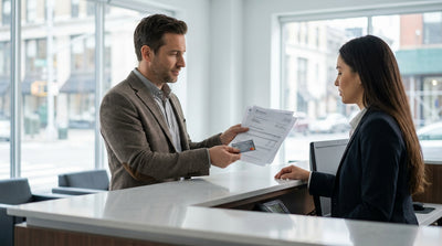 A person driving a car rental on a scenic road through the colorful autumn forests of Pennsylvania
