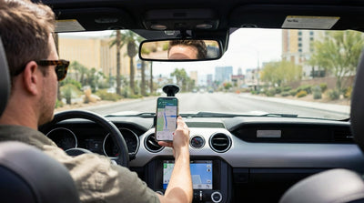 A person holds a phone with a map open in a car rental driving on the Las Vegas Strip