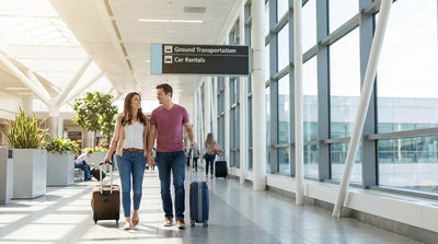 Travelers with luggage follow signs for car hire in a busy Orlando airport terminal