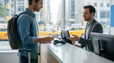 A traveler uses a credit card at a car rental counter in a New York airport to pay a deposit
