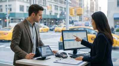A person unlocking their car hire on a bright, sunny street in New York with yellow cabs in the background