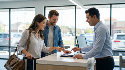 A convertible car rental driving down a scenic desert highway in the United States