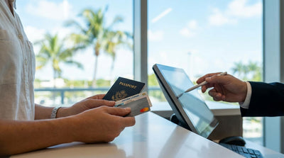 A person hands their driver's license to an agent at a car rental desk in Miami