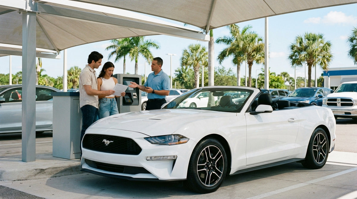 A person reviews their agreement at a sunny car rental counter before picking up their vehicle in Florida