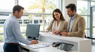 A white convertible car rental parked on a scenic coastal road with palm trees on a sunny day in Florida