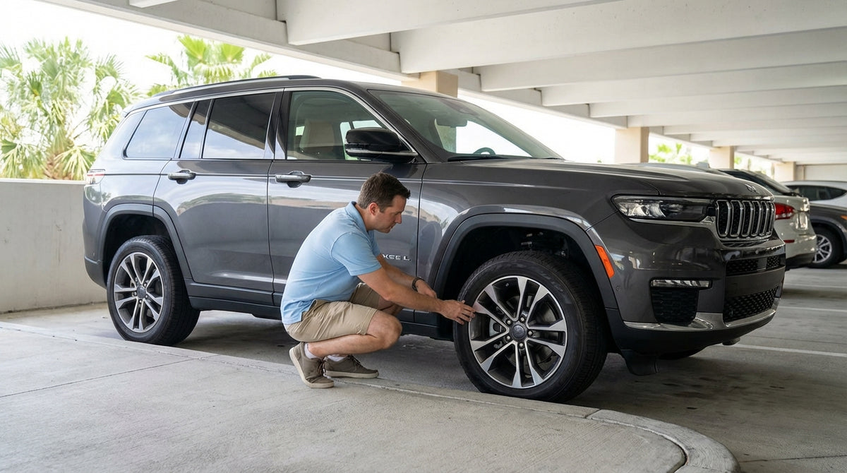 A shiny alloy wheel on a car hire vehicle parked close to a concrete curb at a parking lot in Orlando
