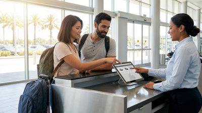 A family loading luggage into a white SUV car hire on a sunny, palm-lined street in Orlando