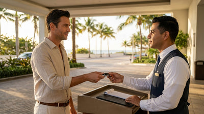 A hotel valet taking the keys for a luxury car hire in front of a sunny Miami hotel entrance