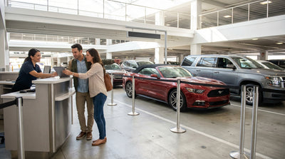 A shiny red convertible car rental driving along a sunny coastal highway in California