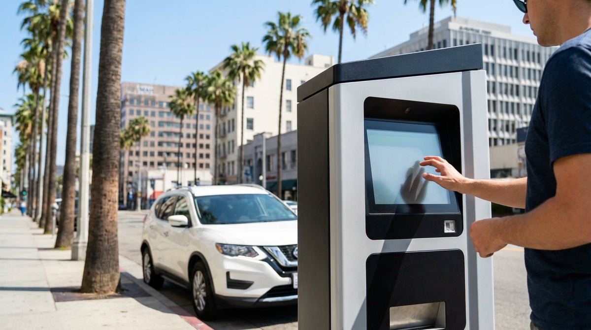A driver enters license plate info into a Los Angeles parking kiosk for their car rental