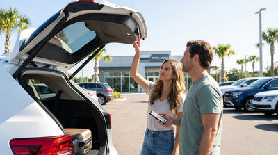 A traveler looks at the stuck tailgate of their SUV car rental in a sunny Orlando parking garage