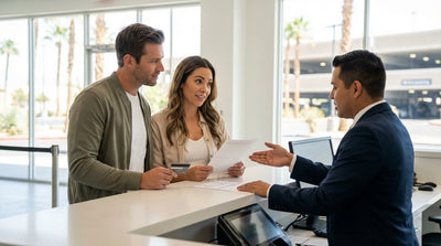 A person drives a convertible car rental down the Las Vegas Strip, illuminated by neon casino lights