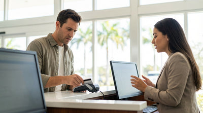 A person at a car rental counter in Orlando presenting their credit card to an agent