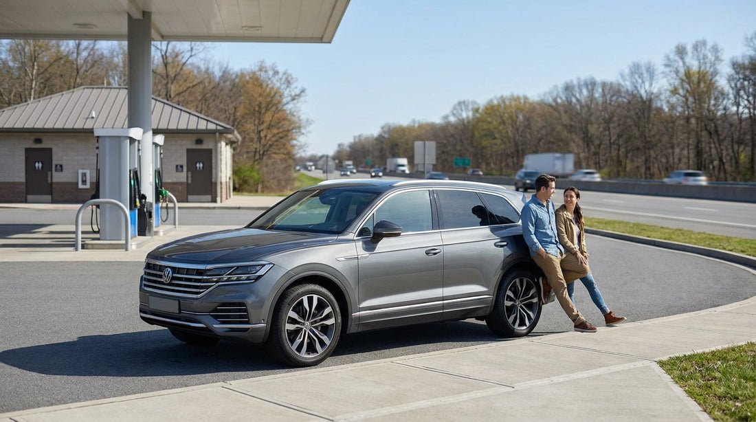 A modern car hire driving along the I-87 highway in New York on a bright, sunny afternoon