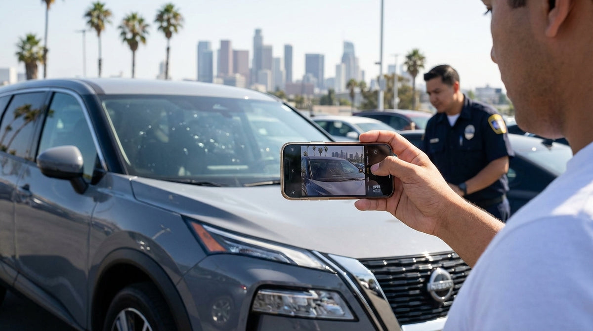 A car hire windscreen with pitting creating night glare from oncoming traffic on a busy Los Angeles street