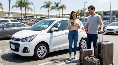 A frustrated traveler with luggage looks at a small car rental at a sunny lot in Los Angeles