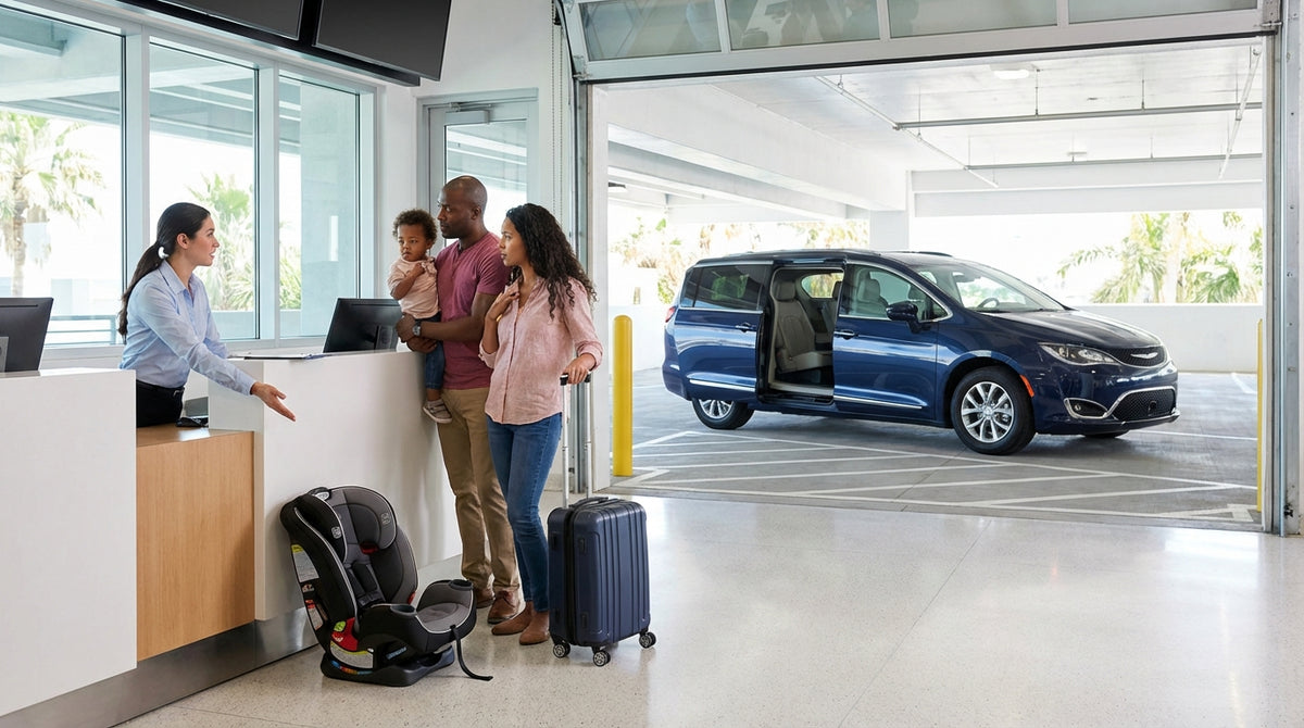 A concerned family with a young child stands at a car rental desk inside the Orlando airport