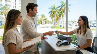 A person holds a credit card and car keys at a car rental desk in the Miami airport terminal