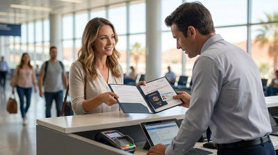 A person holds up a driver's license and keys for their car hire in front of a modern sedan in a sunny Texas parking lot