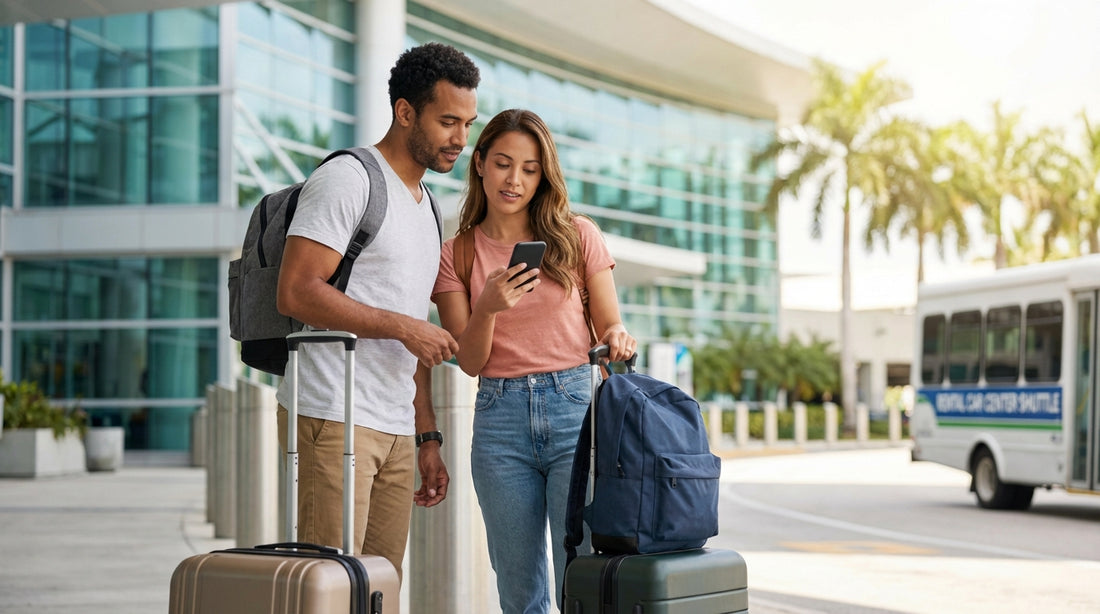 A red convertible car hire driving along a sunny, palm-lined road in Miami