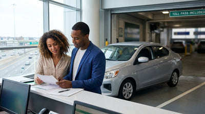 A car rental drives on a highway leading out of New York City with the skyline in the distance
