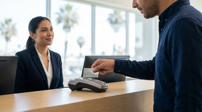 A red convertible for car hire driving down a sunny, palm-lined street in Los Angeles