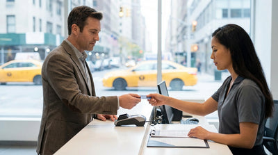 A sleek car rental parked on a busy street in New York with skyscrapers in the background