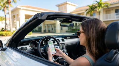 View from a car rental of a sunny, palm-lined highway in Florida
