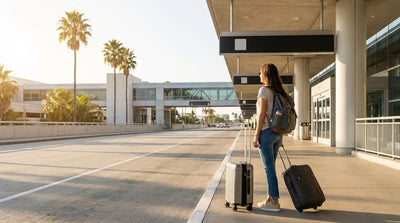 Travelers waiting under a purple sign for their car hire shuttle outside a terminal at LAX in Los Angeles