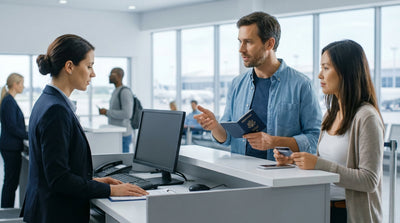 A person at a US airport car hire desk hands their passport and documents to an agent to collect their keys