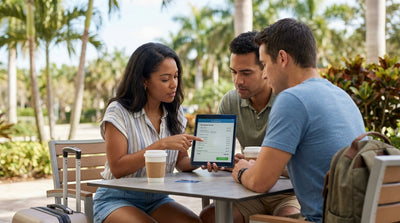 A convertible car hire driving down a sunny coastal road lined with palm trees in Florida