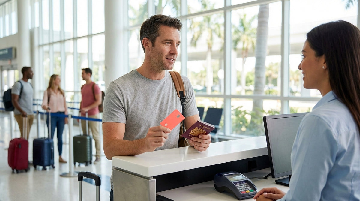 A smiling person holds keys next to their convertible car hire on a sunny coastal road in Florida