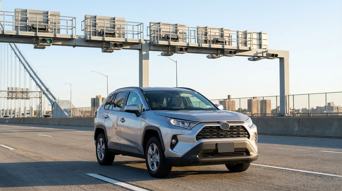A car hire drives under a cashless toll gantry on a bridge with the sunny New York City skyline in the background